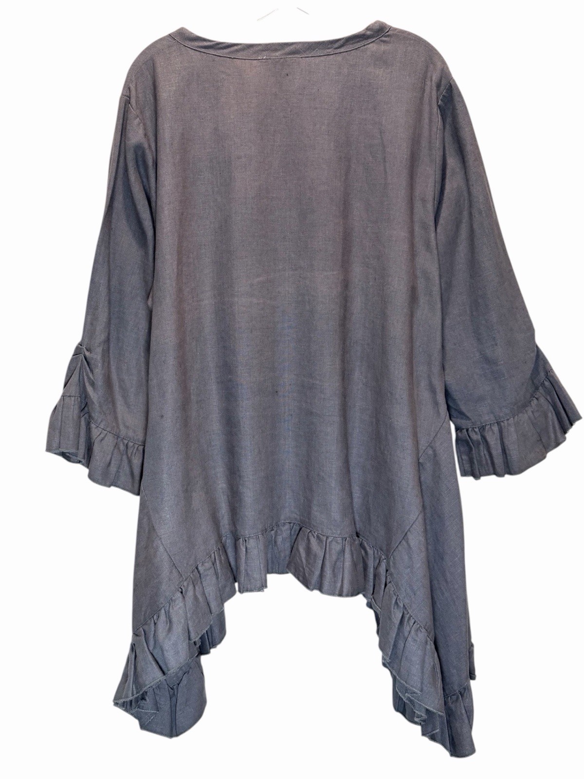 Sassy Rags Taupe Gray Ruffled Linen Tunic Top – Lagenlook, Boho – Extra Large