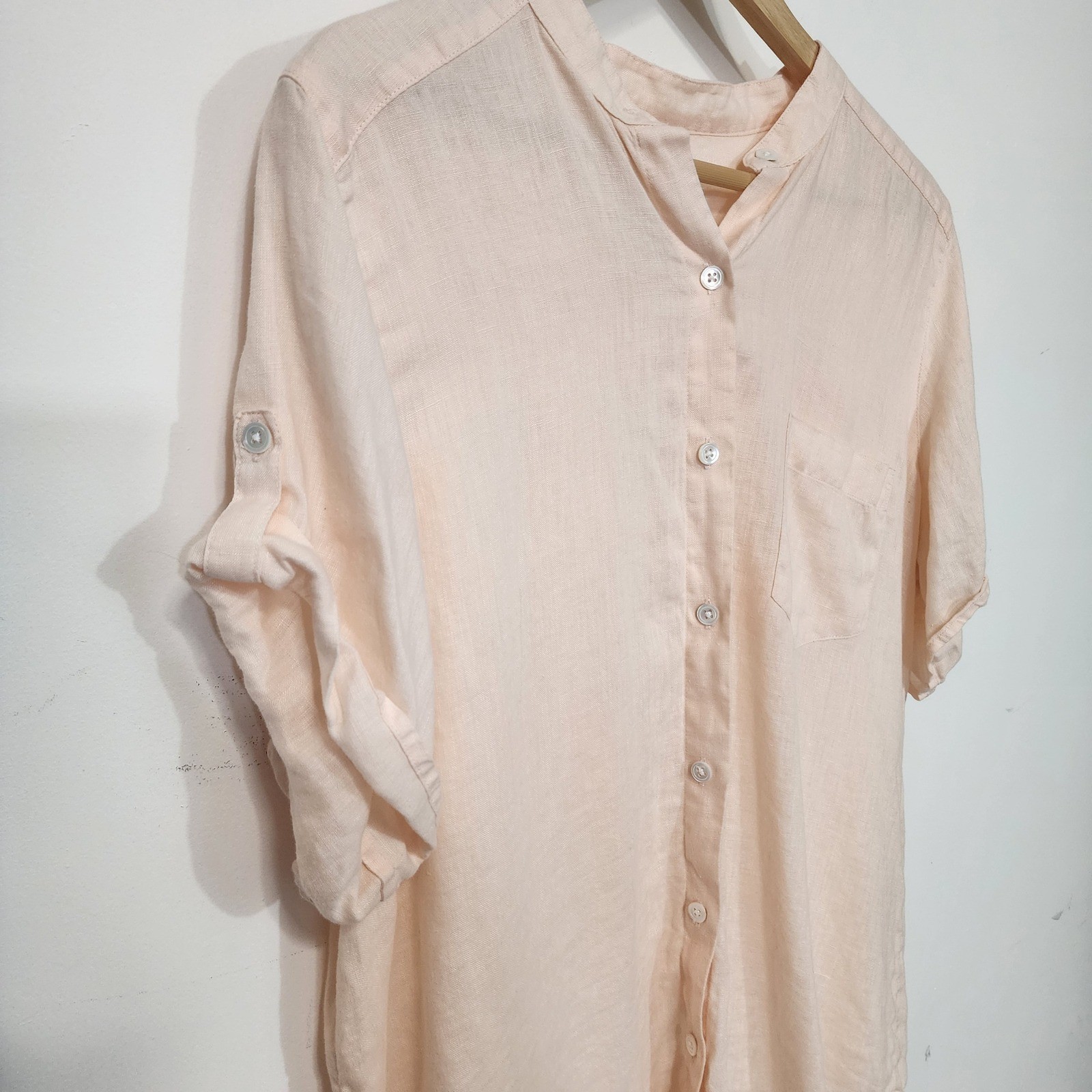 J. Jill Womens Large Peach Pink 100% Linen Button Down Short Sleeve Shirt