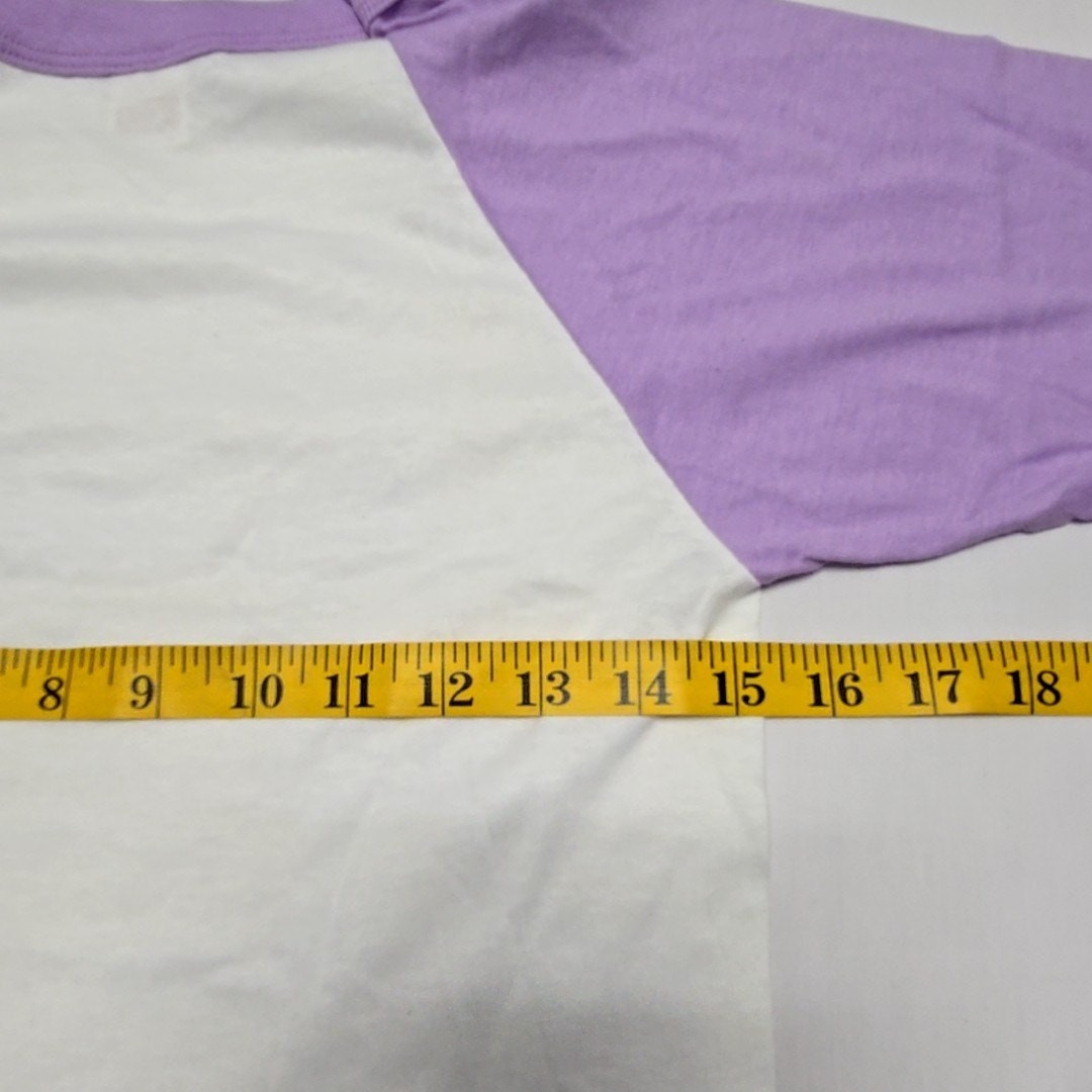 Vintage Raglan Cropped Shirt Purple White Made in USA 80s Womens Small Tee VTG