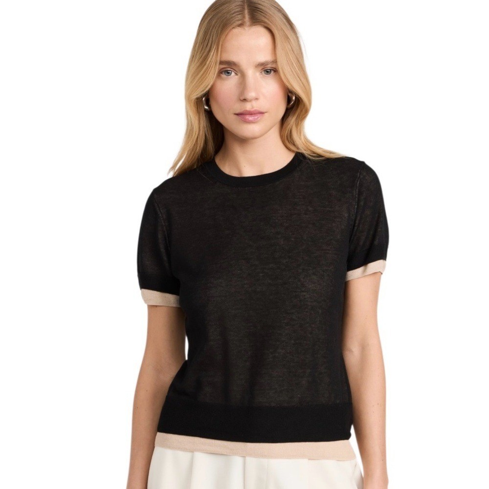 VINCE Double Layer Tee Black/Oat Sand Italian Cotton Blend Crew Neck Size L