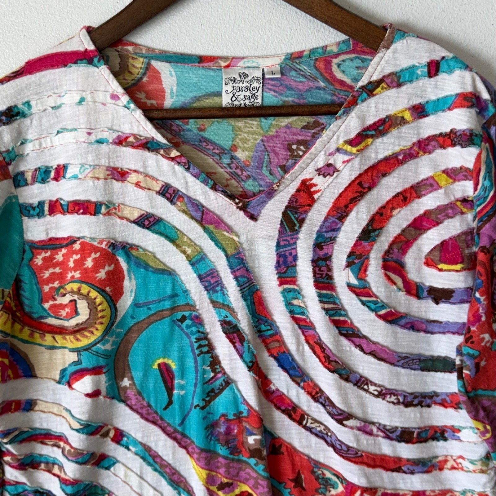 Parsley & Sage Tunic L 100% Cotton Art to Wear V-Neck Texture Psychedelic Multi