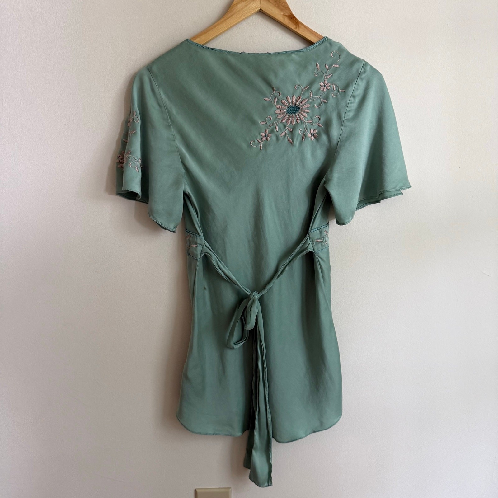 Y2K Vintage Monsoon Mint Blue Silk Floral Embroidered Babydoll Blouse Size 8