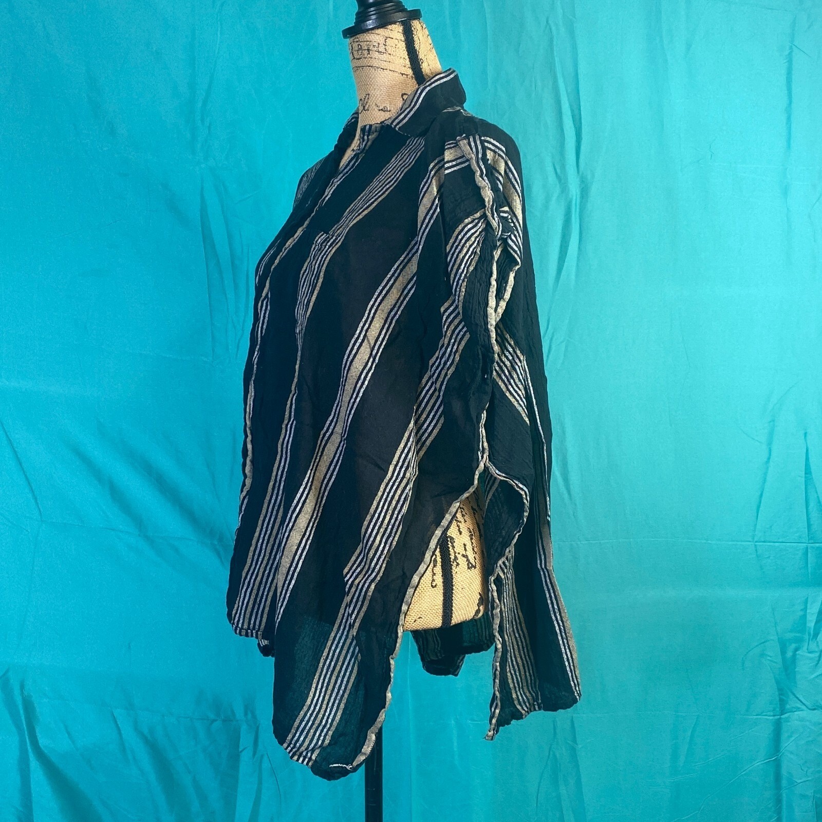Accessory St New York Women Black Striped Cotton Poncho Top One Size Boho Gauze