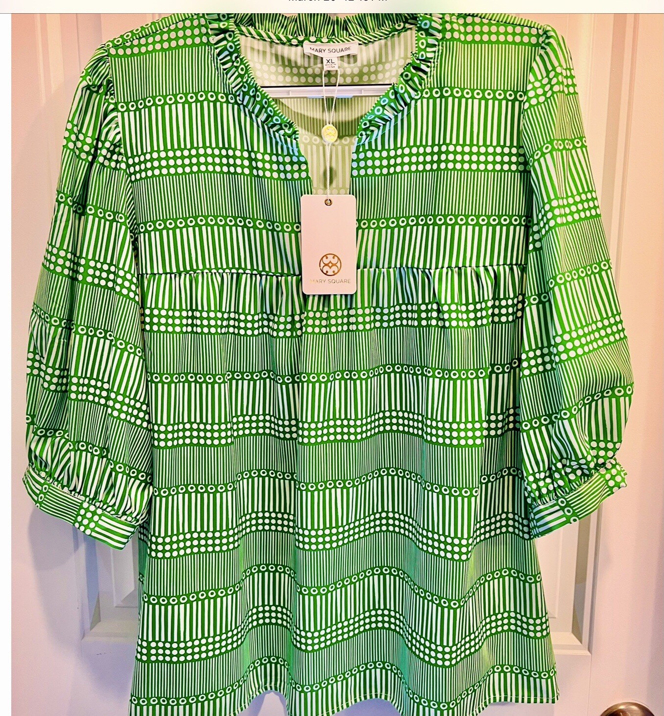 Mary Square Striped Ruffle V-Neck 3/4 Sleeve Tunic Blouse Women’s XL NW T