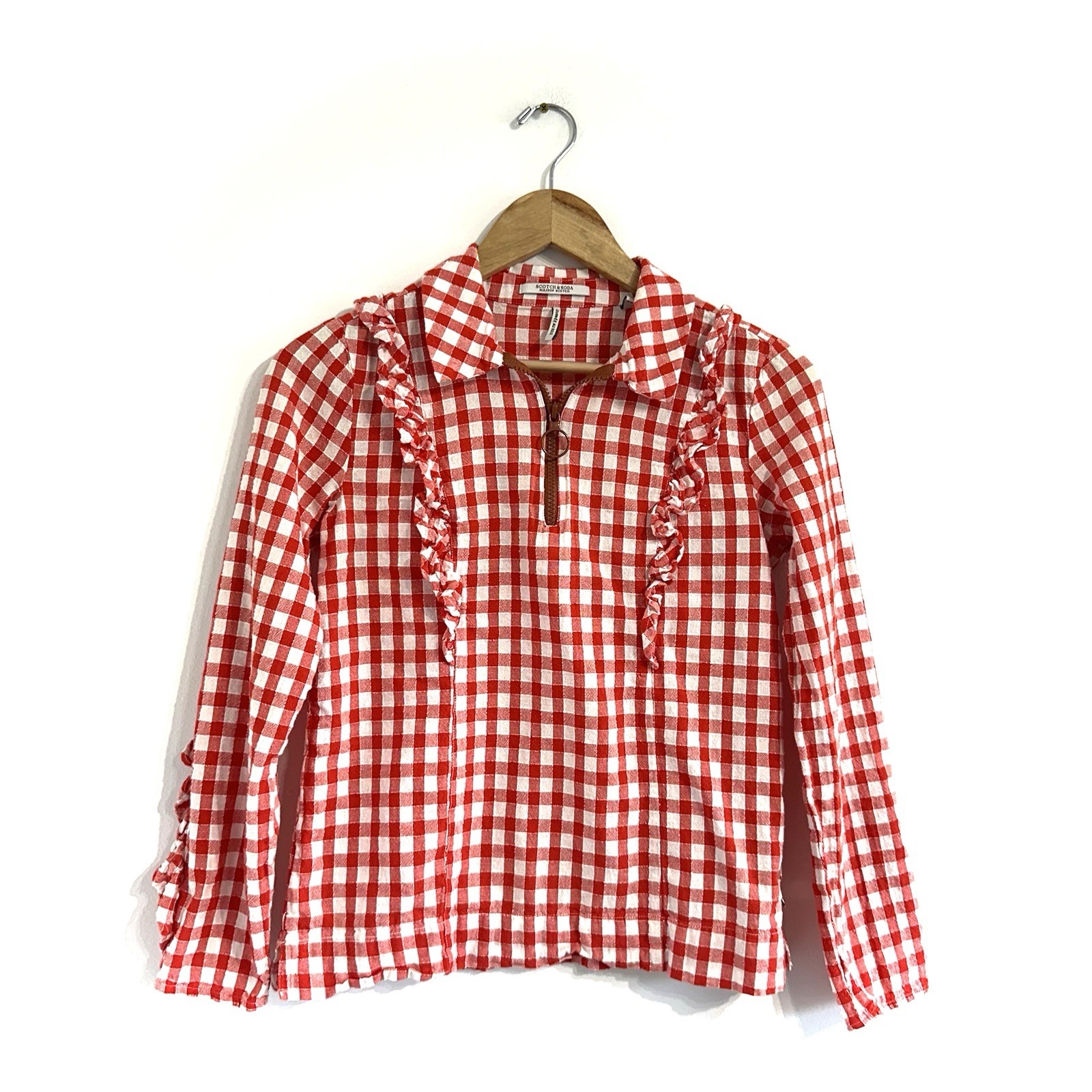 Scotch & Soda gingham red top ruffle trim quarter zip front closure collar XS
