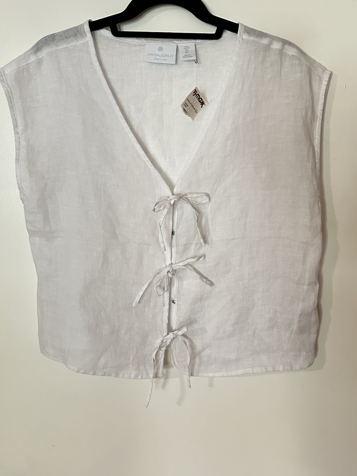 Cynthia Rowley Women’s 100% Linen White Tie Front Sleeveless Blouse Size L