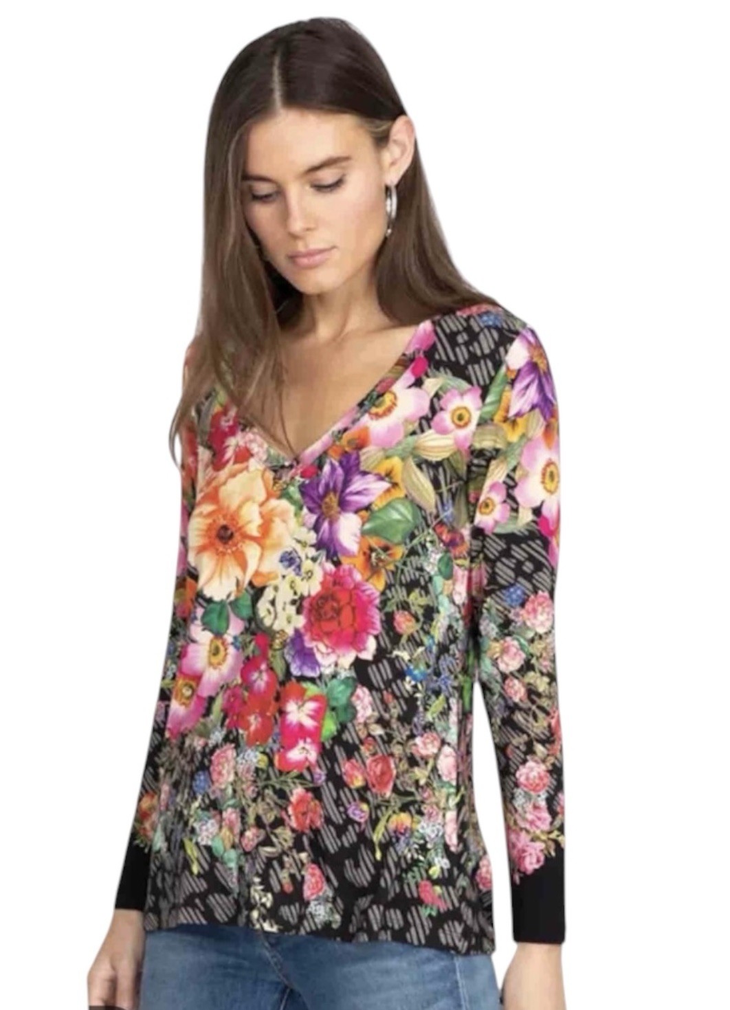 Johnny Was Rosey Rain Top L Floral Print READ Missing Brand Label V Neck Bamboo