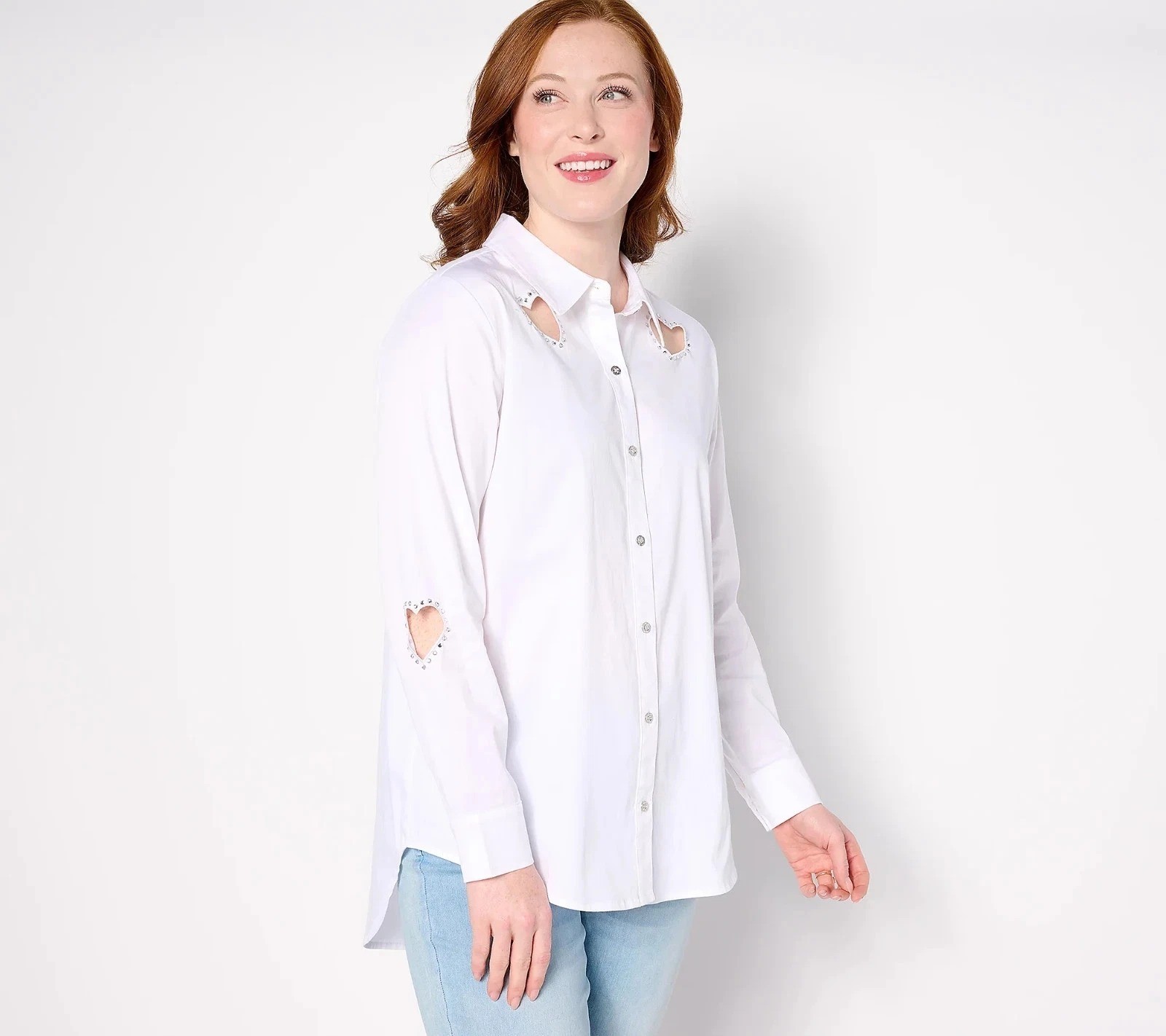 Attitudes by Renee Shirt Medium Woven Heart Cutout Button Front White Career NEW