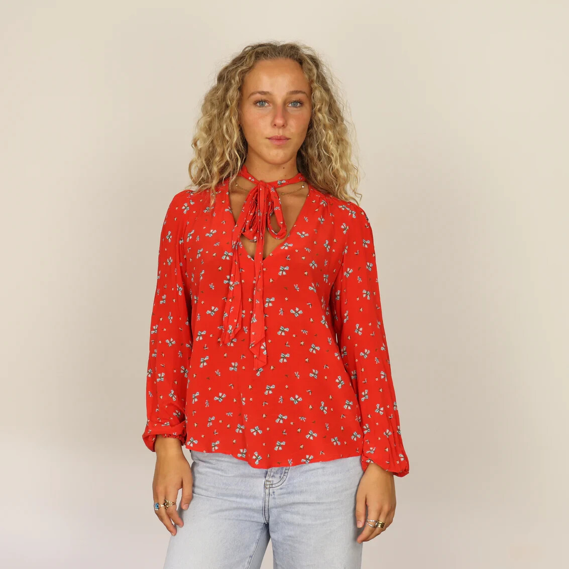 Rixo London Blouse Womens Small Silk Moss Red Floral Print Tie V Neck Top