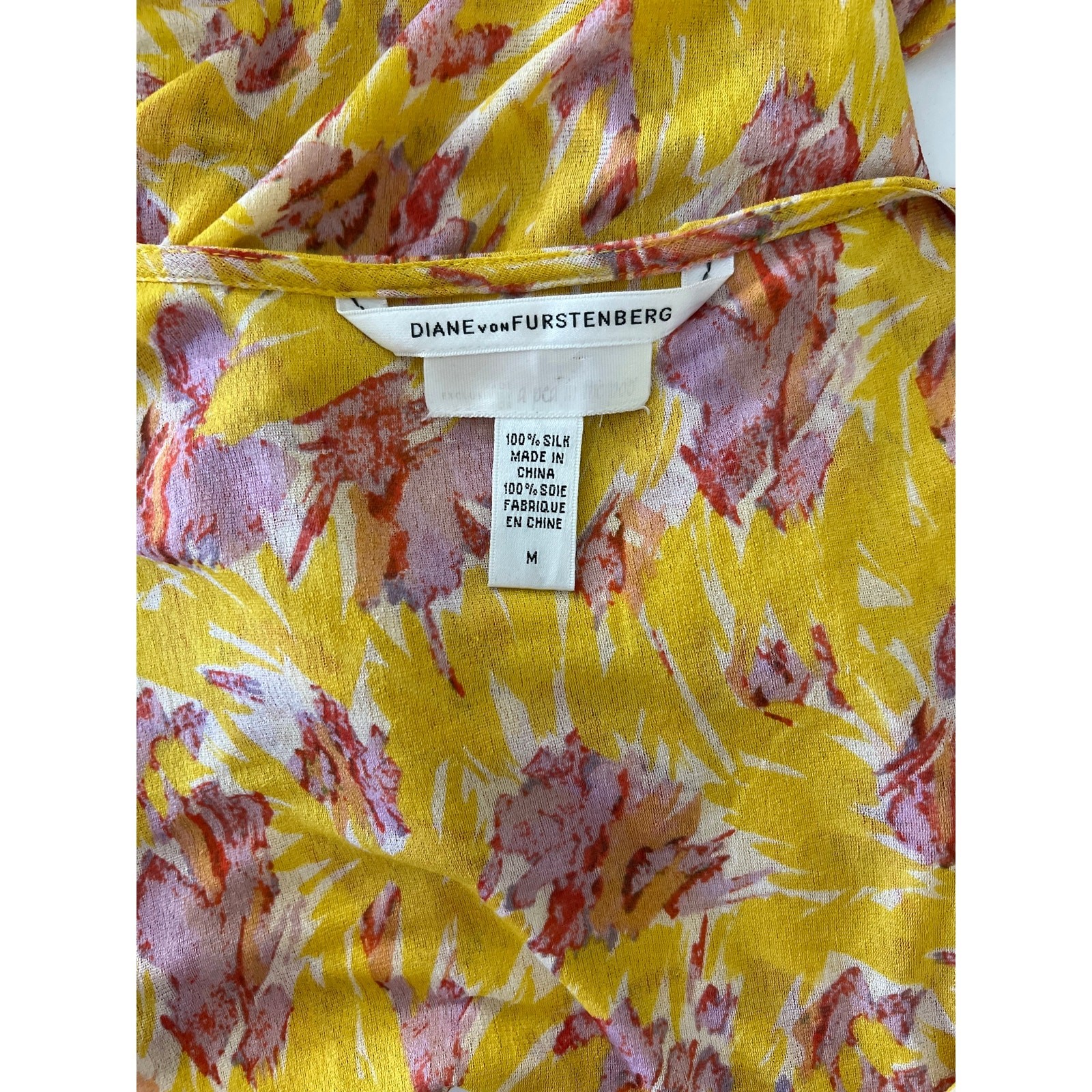 DVF Silk Faux Wrap Floral Blouse M Yellow Ruched Romantic V Neck