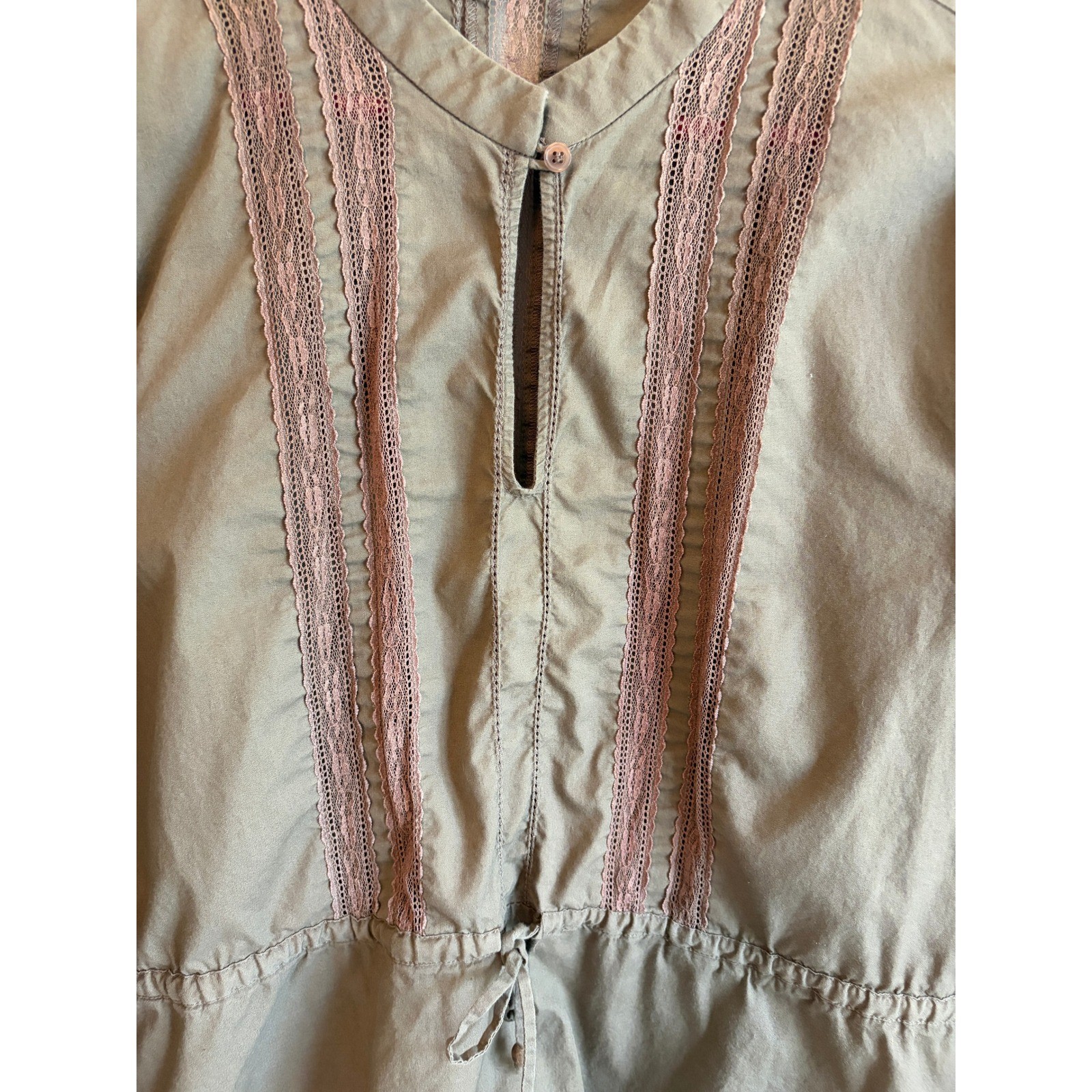 Christopher & Banks Womens Mocha Lace Trim Cotton Blouse Drawstring Waist M