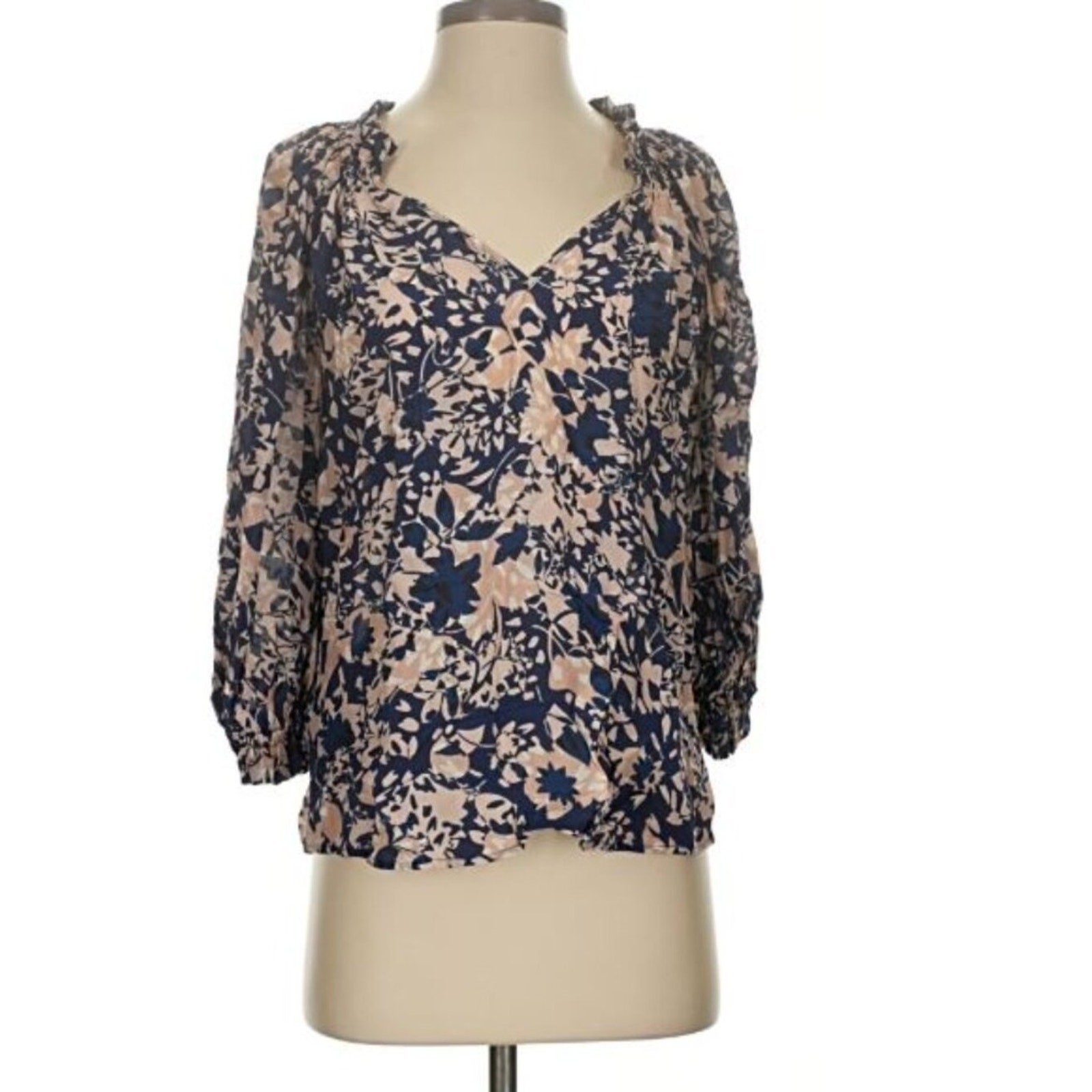 NWT Gilner Farrar Ellie Floral Blouse XS Navy Cream Tan Coastal Beach Ruffle Top