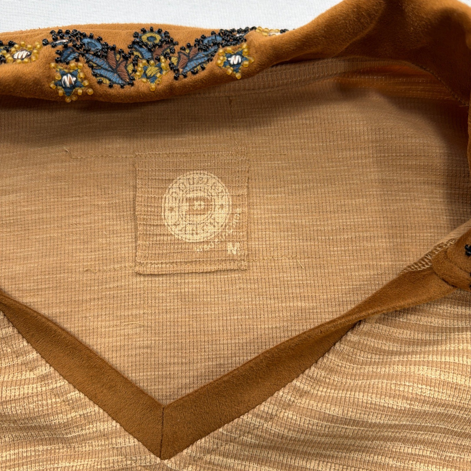 Double D Ranch Top Embroidered Beaded Cuff Stripe Dust Tan Women Size M NWT