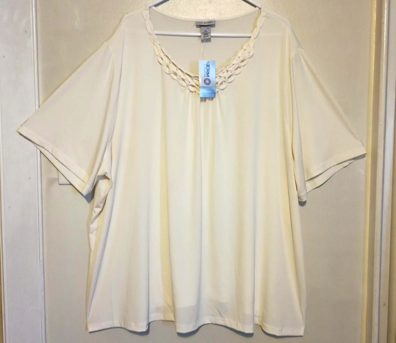 Catherines Maggie Barnes Womens Blouse 4X Plus 30/32W Cream Braided Neckline Top