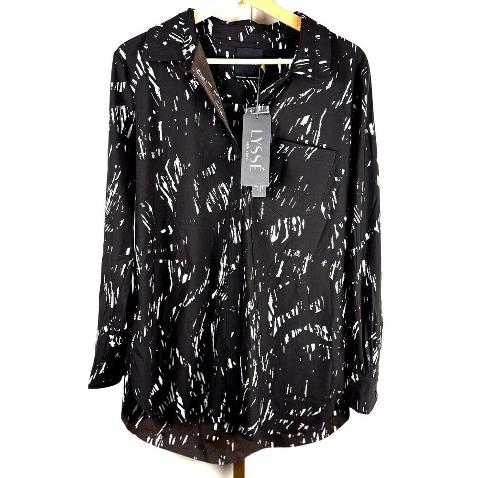 NWT Lyssé Nylon Blend Long Sleeve Designer Top Sz L Black and White Design