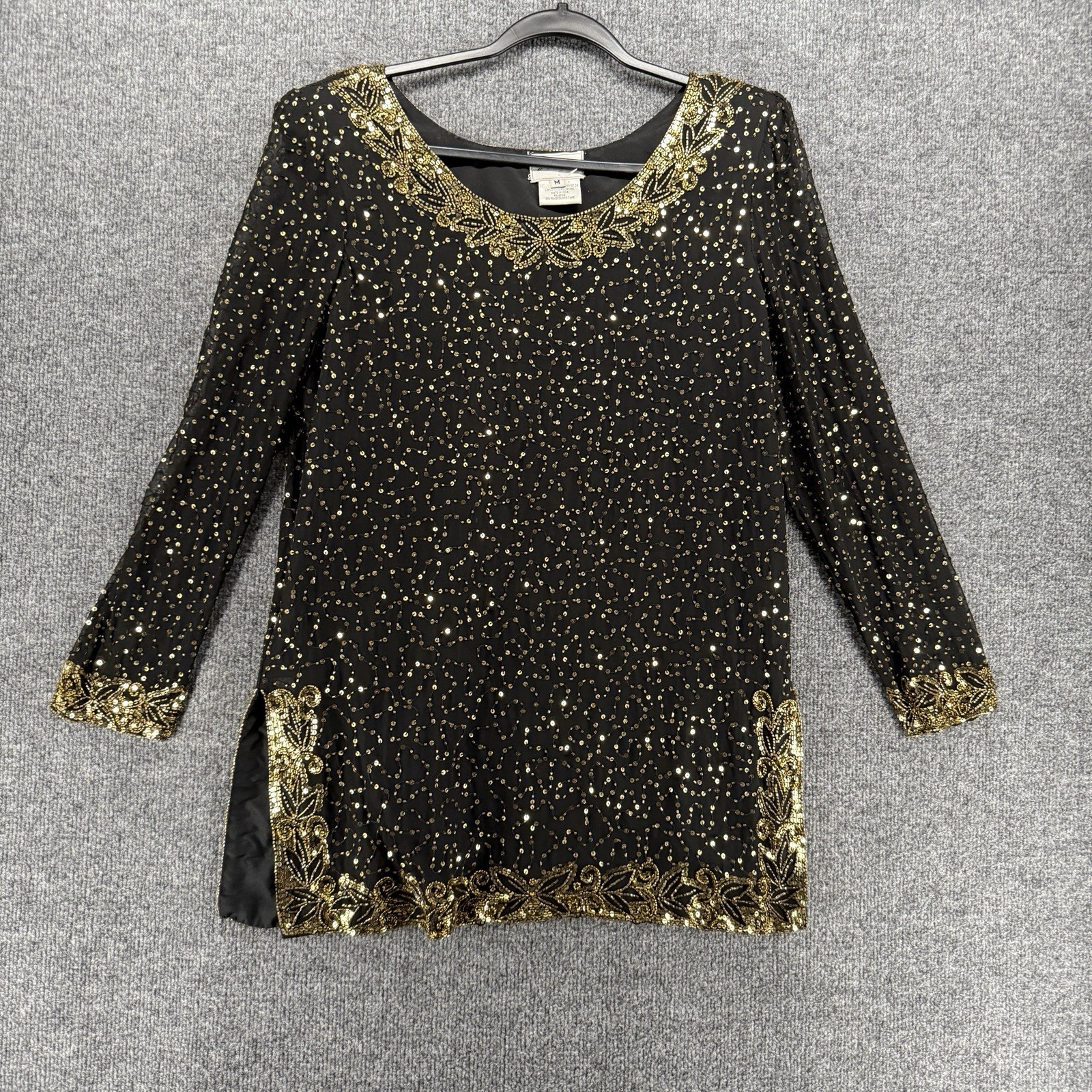 Vintage Stenay Top Womens M Silk Black Gold Beaded Sequins Tunic Formal Event
