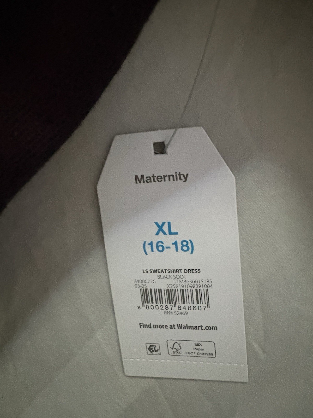 TIME AND TRU MATERNITY LS STRETCHY Black V-Neck Long Sleeve T Shirt Dress XL