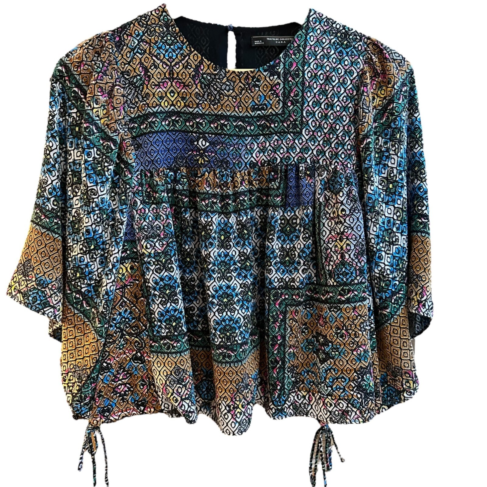 Zara Trafaluc Top Blouse Geometric Patterned Keyhole Back Tie Details Medium