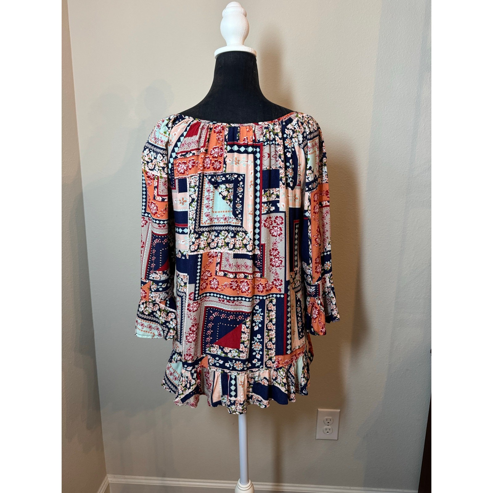 Aura Blue Peasant Patchwork Boho Top Flowy with Ruffle Sleeves Size Small