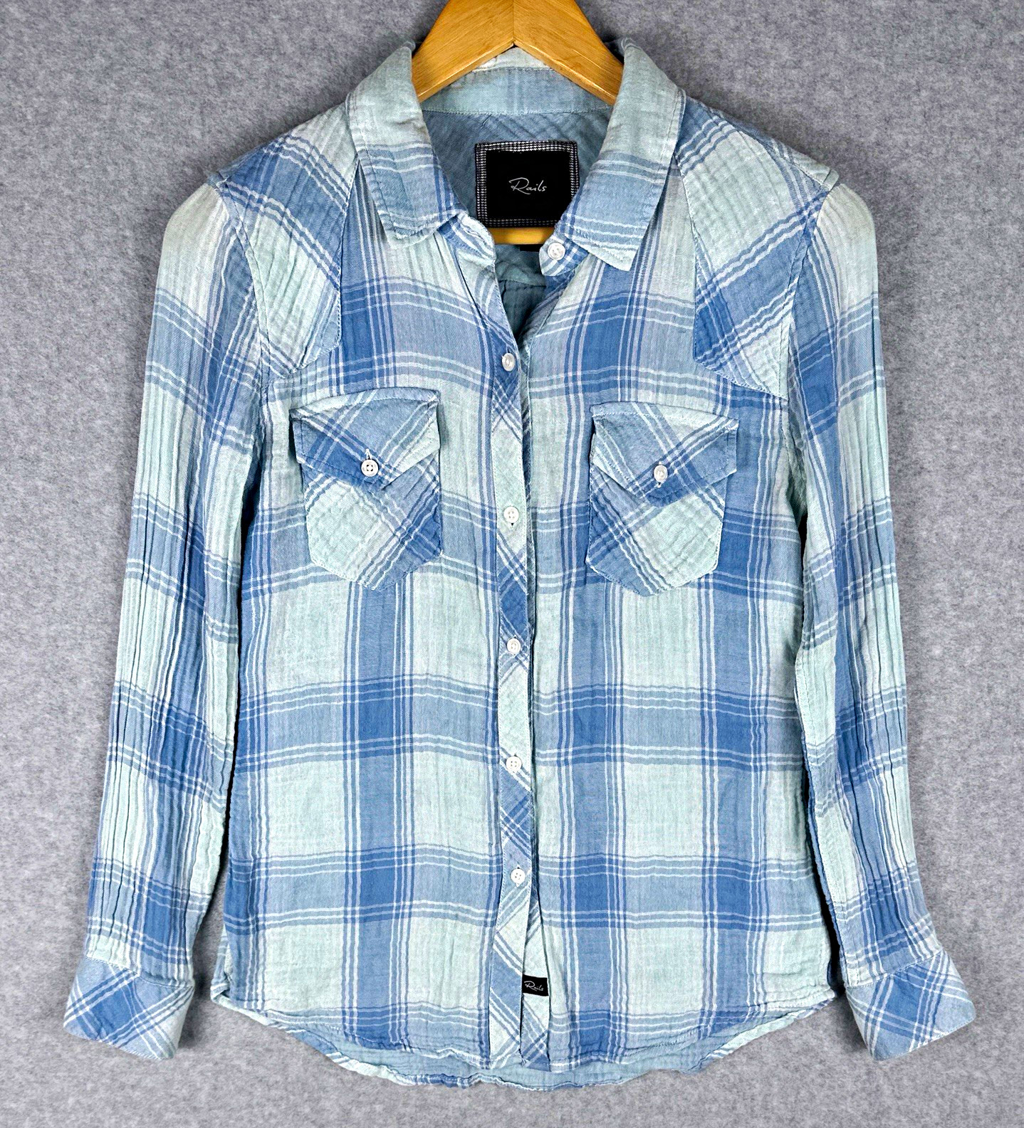 Rails Blue Plaid 100% Cotton Gauze Button Front Shirt Women’s XS Long Sleeve