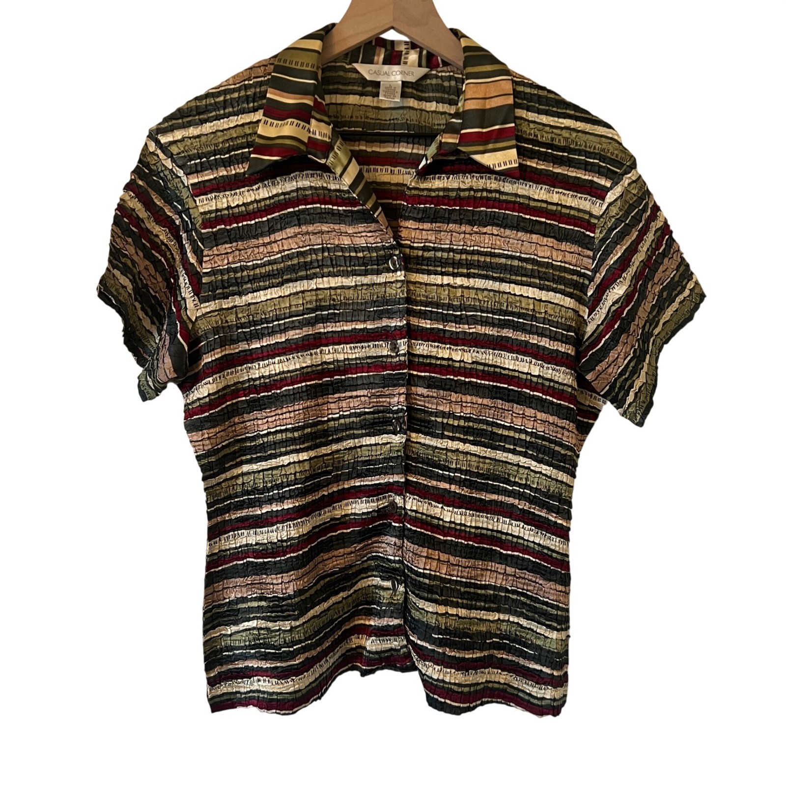 Vintage Casual Corner Crinkle Multicolor Stripe Short Sleeve Top, Women’s Large