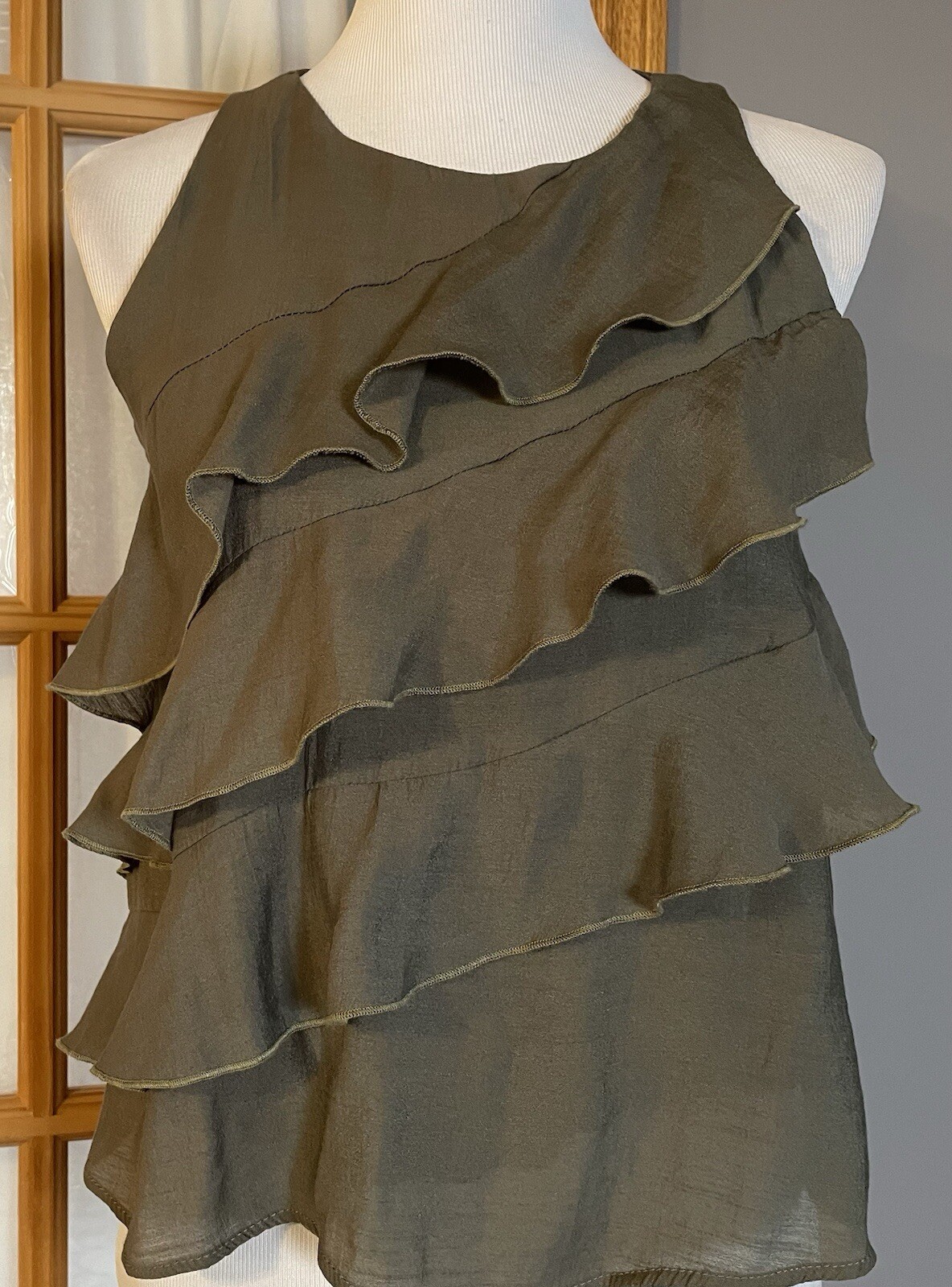 Serge Layered Tank Blouse Womens S Olive Green Sleeveless City Classic Clubwear