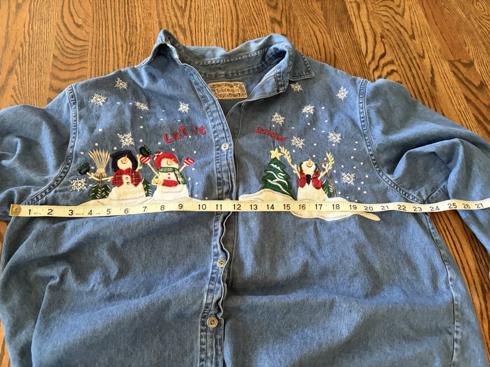 Vtg Tantrums Long Sleeve Button Up Denim Shirt Snowmen Size XL Winter Christmas
