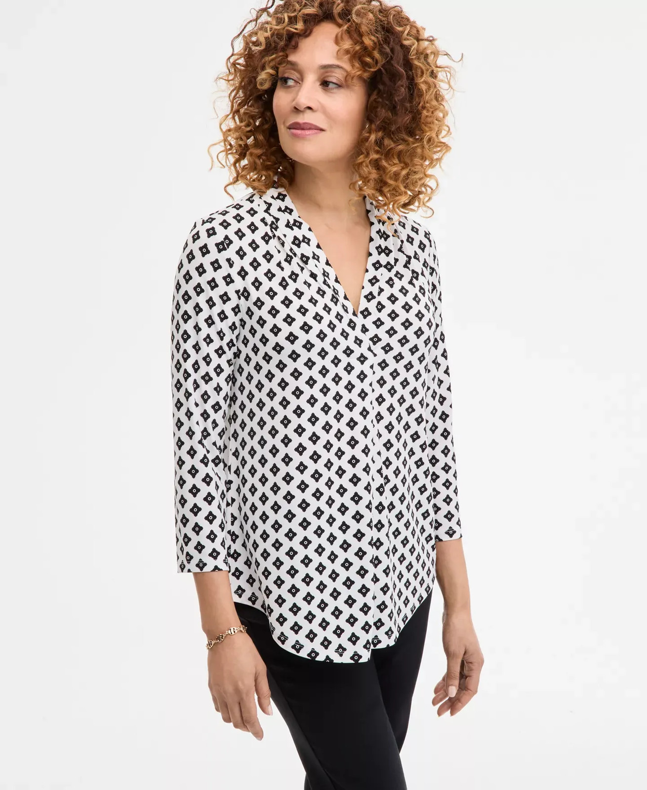 JM Collection Women’s Top Sz L Printed V-Neck 3/4-Sleeve