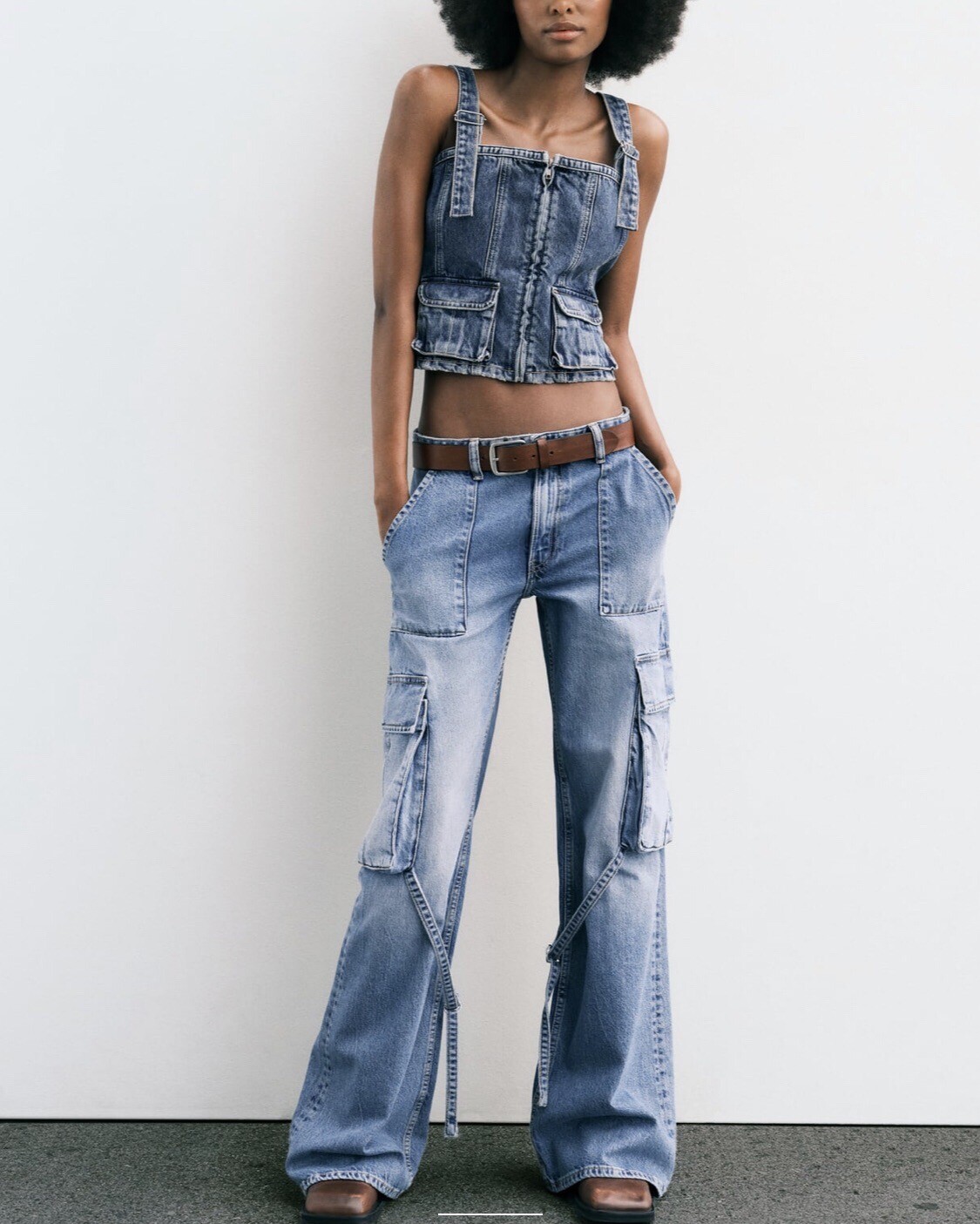 Zara Denim Top, With Square Neckline Adjustable Strap Patch Pocket Small