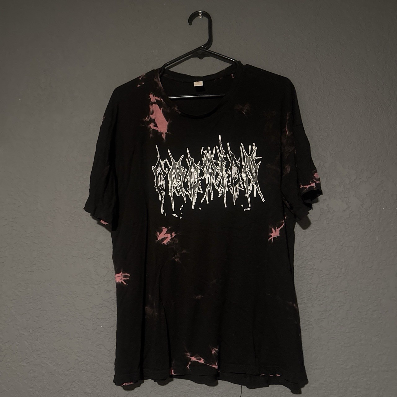 Black/pink tie-dye shirt with white stylized text graphic #tiedye #graphic