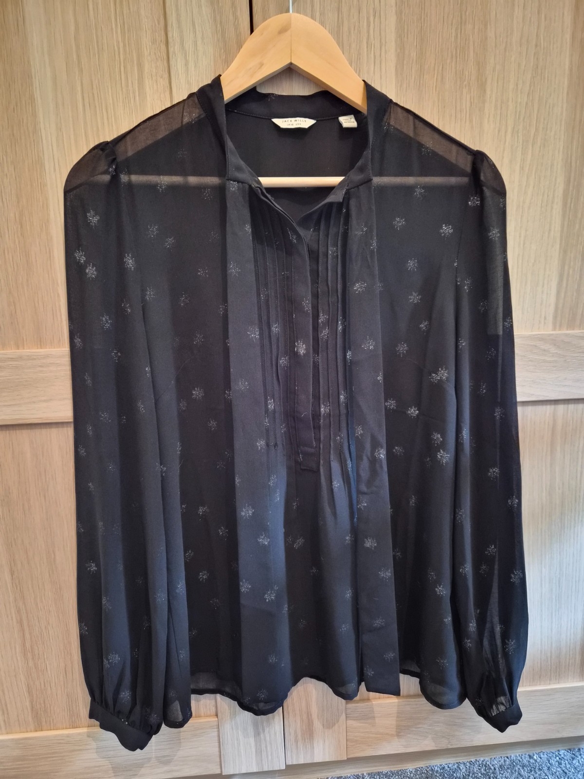 Jack Wills Black Metallic Spot Pussy Bow Blouse UK 10 Sheer Long Sleeve Top