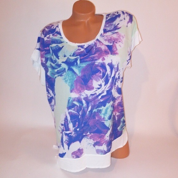 Apt 9 Blouse Womens Large White Purple Floral Bust 23″ Length 26″ Knit 95% Rayon
