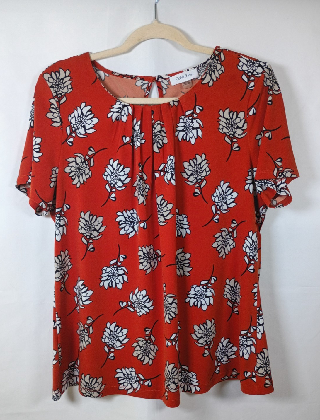 Calvin Klein Womens Orange Floral Pleated Keyhole Short Sleeve Blouse Top