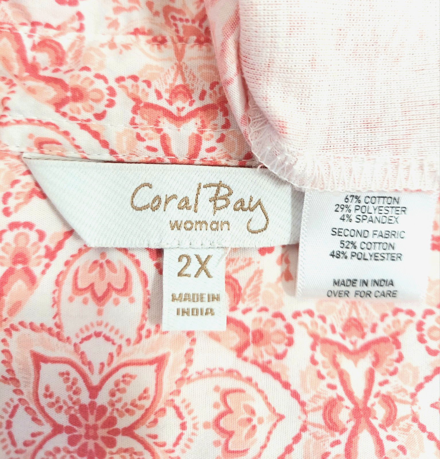 CORAL BAY Womens 2X Pink Print Woven Blouse w/Stretchy Side Panels