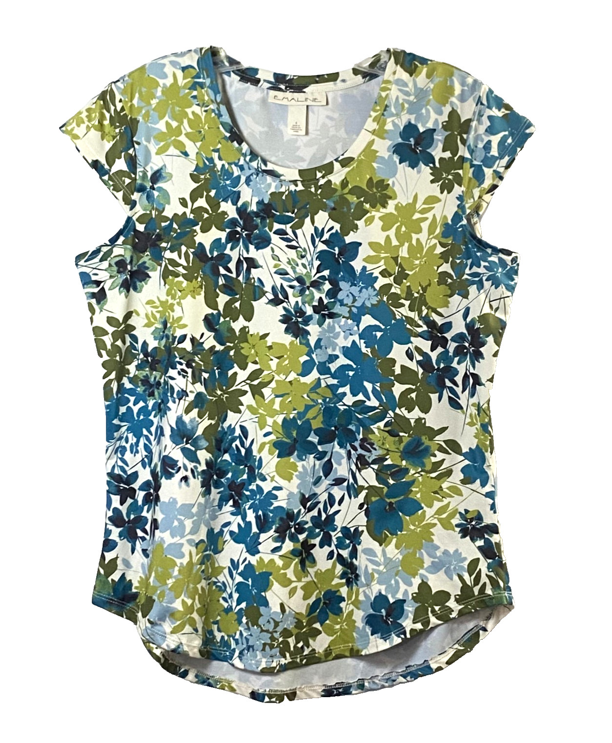 Emaline Floral T-Shirt Womens Size Small Green Blue Multi Cap Sleeves Excellent