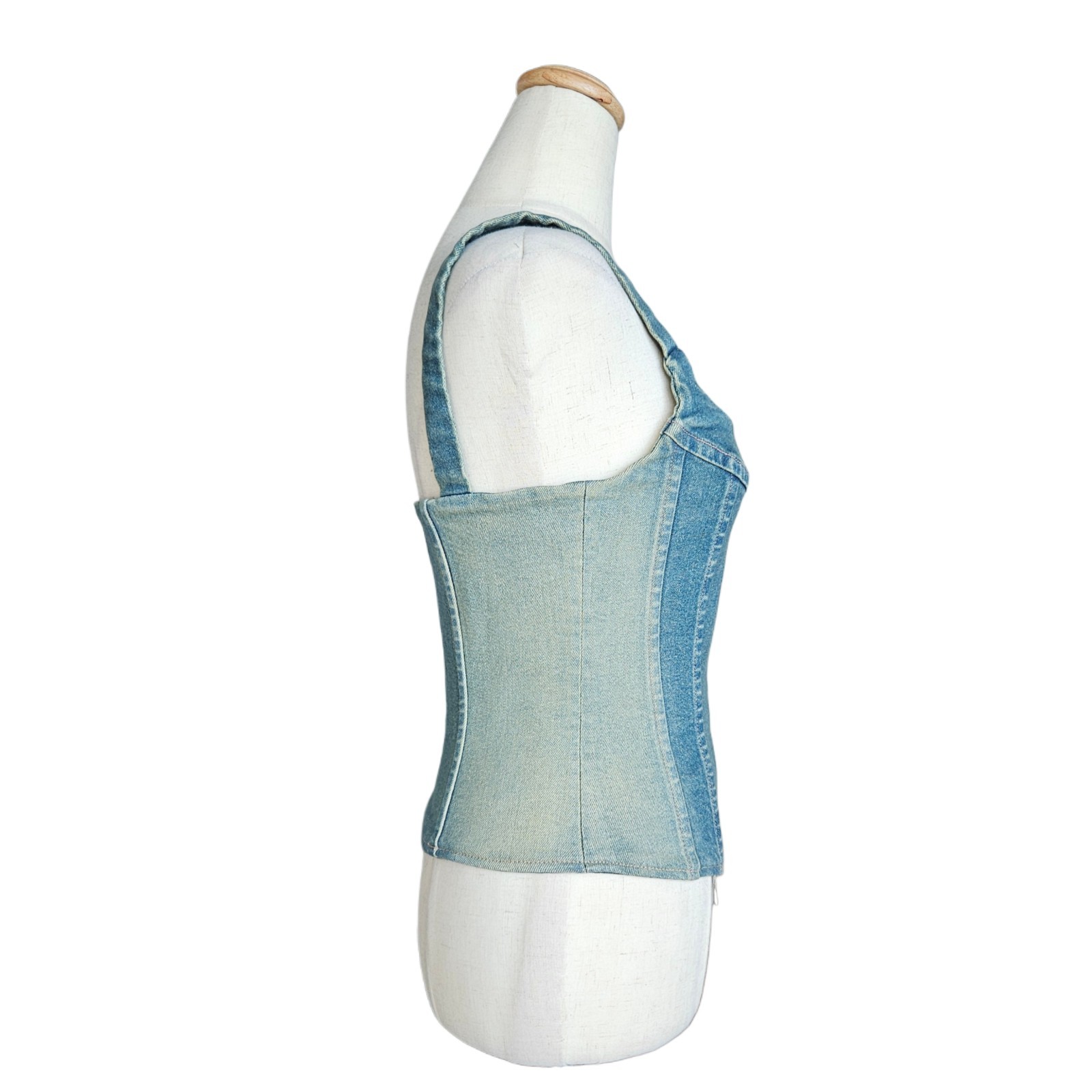 EB Denim Blue Sleeveless Zip Denim Wash Corset Woman Top