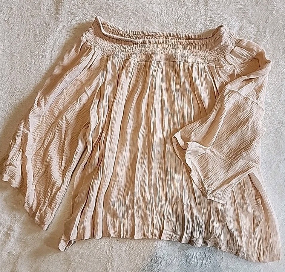 Japna Women’s XS Off-Shoulder Smocked Ruffle Peasant Top Cream Boho Cottagecore