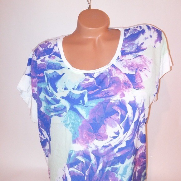 Apt 9 Blouse Womens Large White Purple Floral Bust 23″ Length 26″ Knit 95% Rayon
