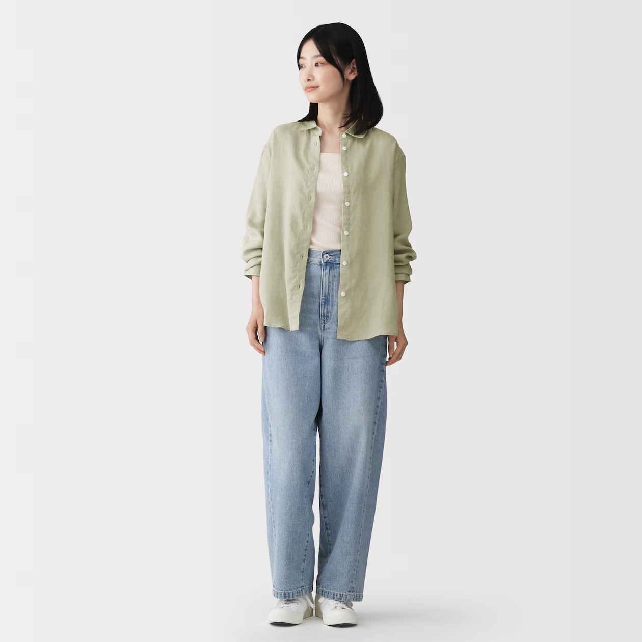 MUJI Womens 100% Linen Washed Regular Collar Shirt Light Green FedEx