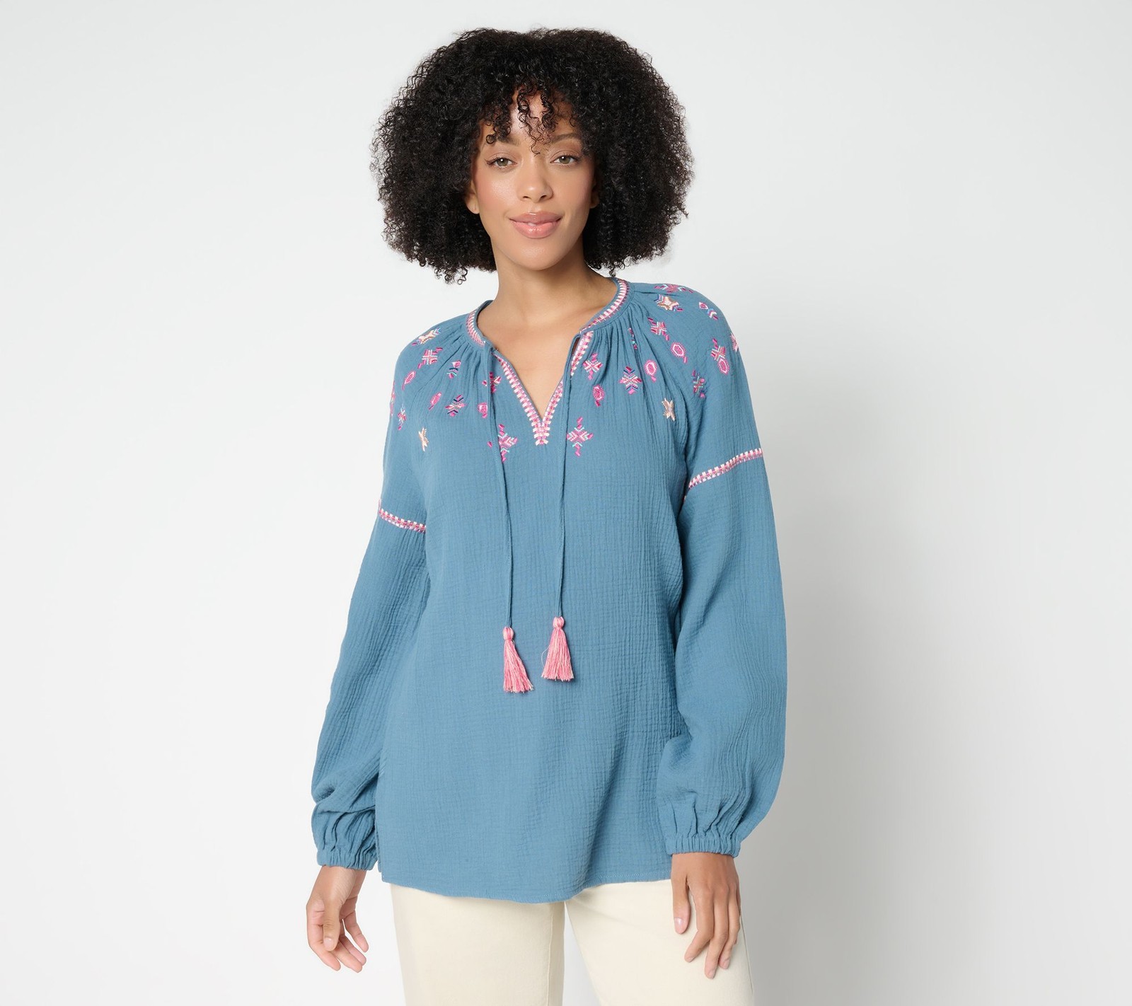 Christy Women’s Top Sz M Summer Sunset Cotton Gauze Tassel Blue A691532