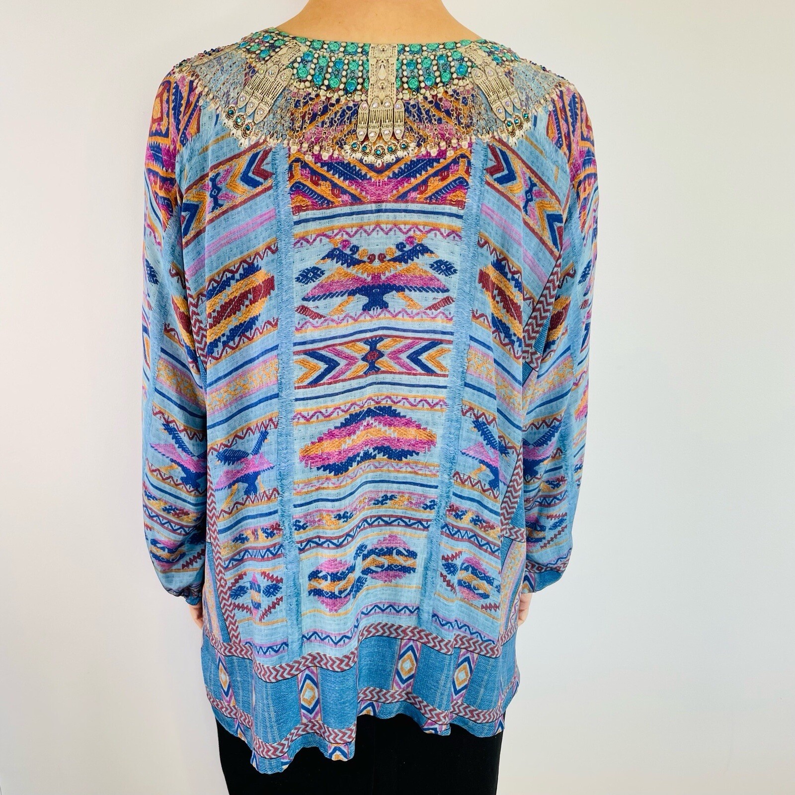Camilla Size 2 (10 12 14) Blue Silk Condor Lace Up Shirt Australian Designer