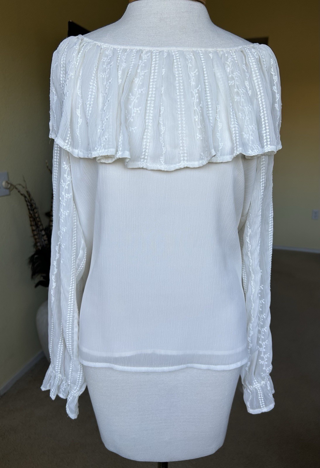 1 STATE Ivory Ruffle Chiffon Lace Peasant Boho Blouse Shirt Embroidered Top Sz S