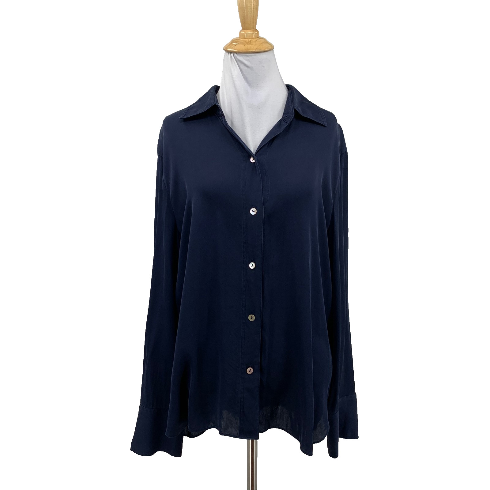 Vince Blouse Womens L Large Navy Stretch Silk Blend Semi Sheer Button Front