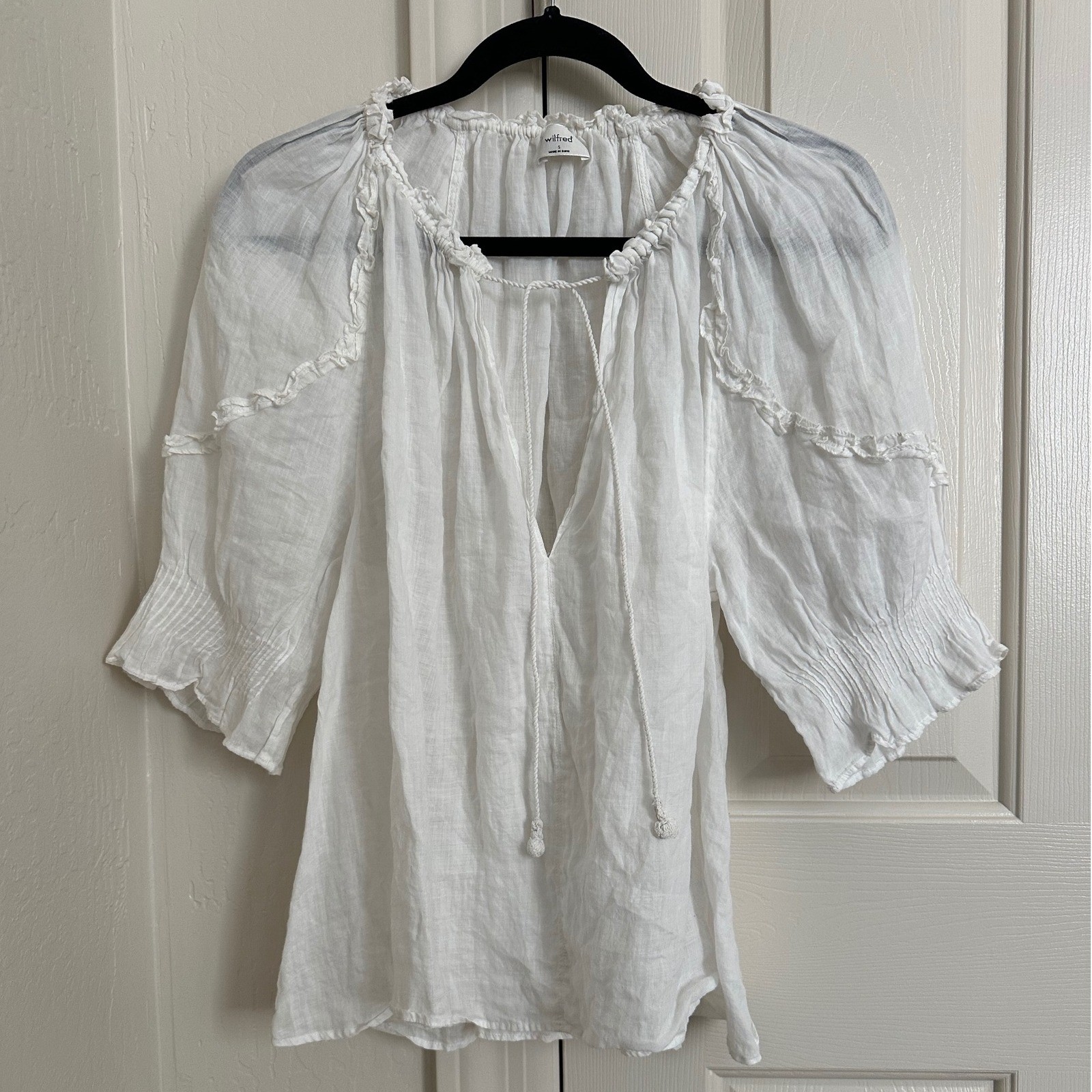 Wilfred White Lightweight Ruffle Neck Tie Front Blouse Top Small Coastal Cowgirl