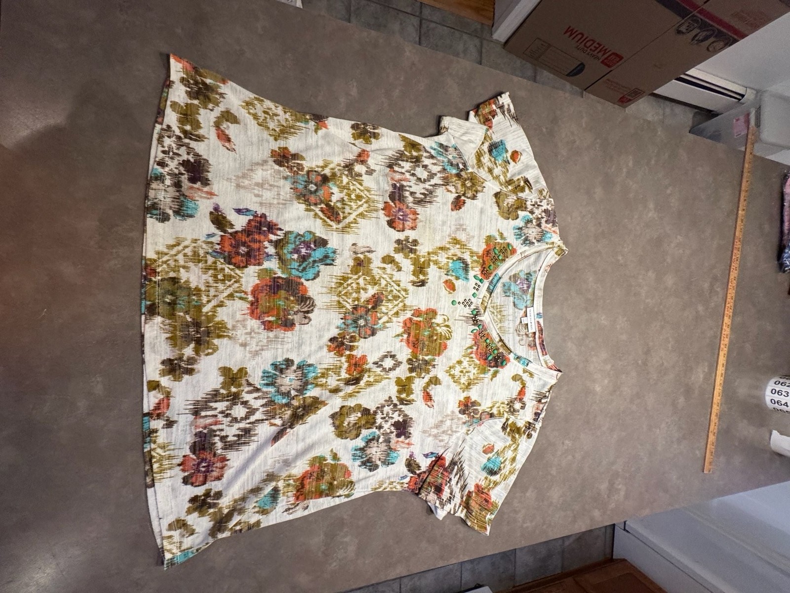 Fashion Bug Floral Ikat V-Neck Top with Embellishments, Size 2X