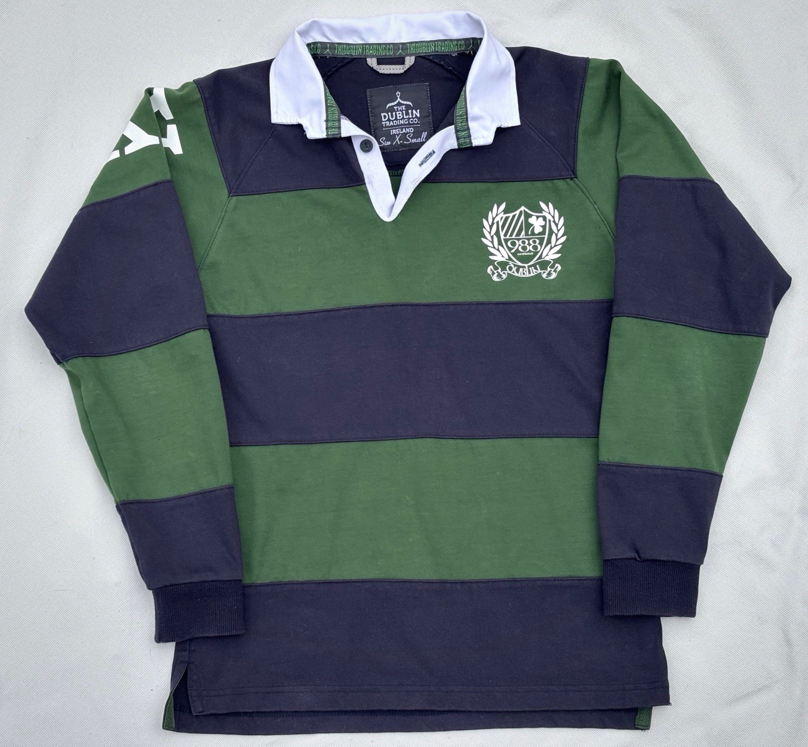 Rugby Shirt Green Navy Striped Shamrock Crest Preppy Ireland Dublin TradingCo XS