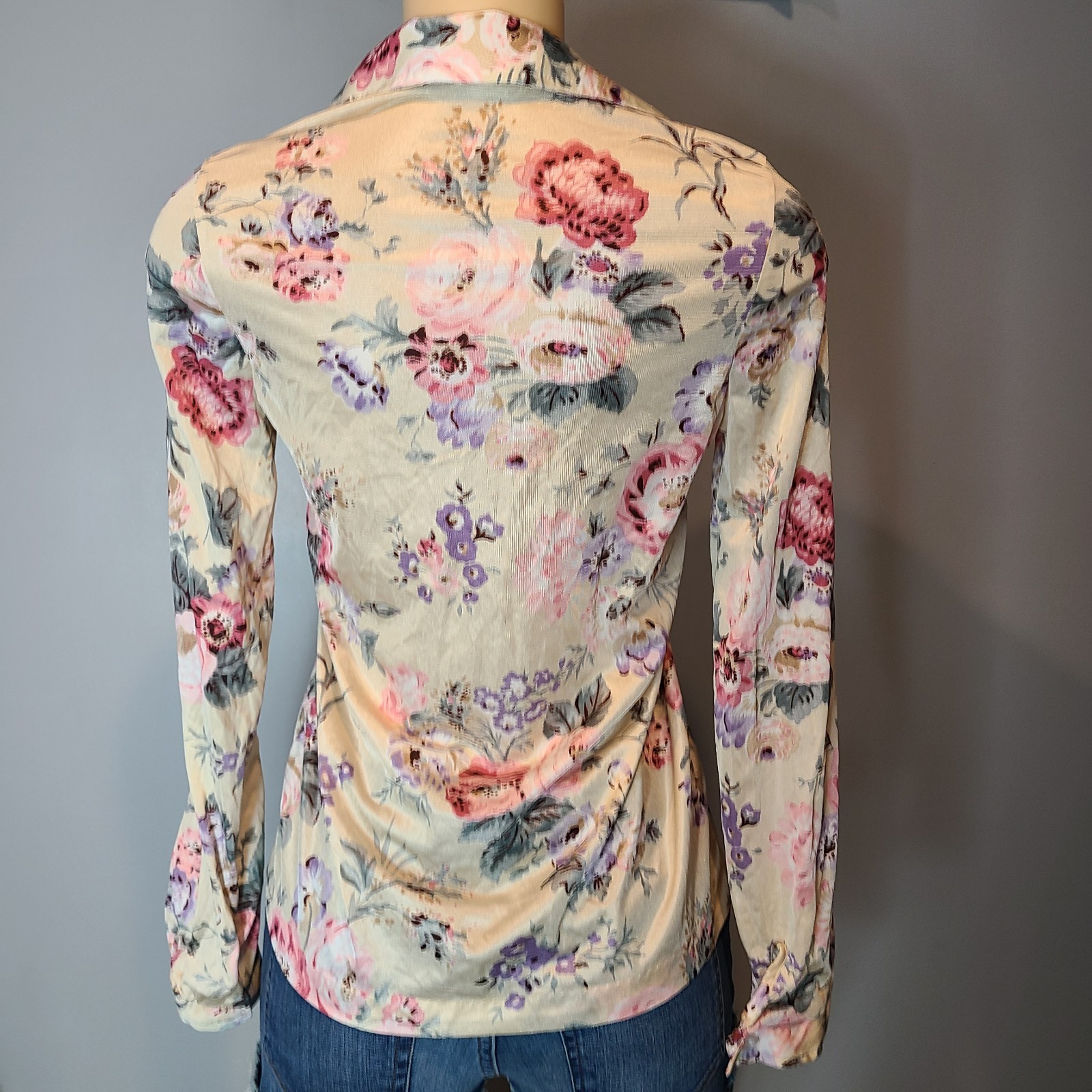 Vtg Silky Boho Cottage Floral Art Poet Blouse Womens Sz M Floral Satin Festival