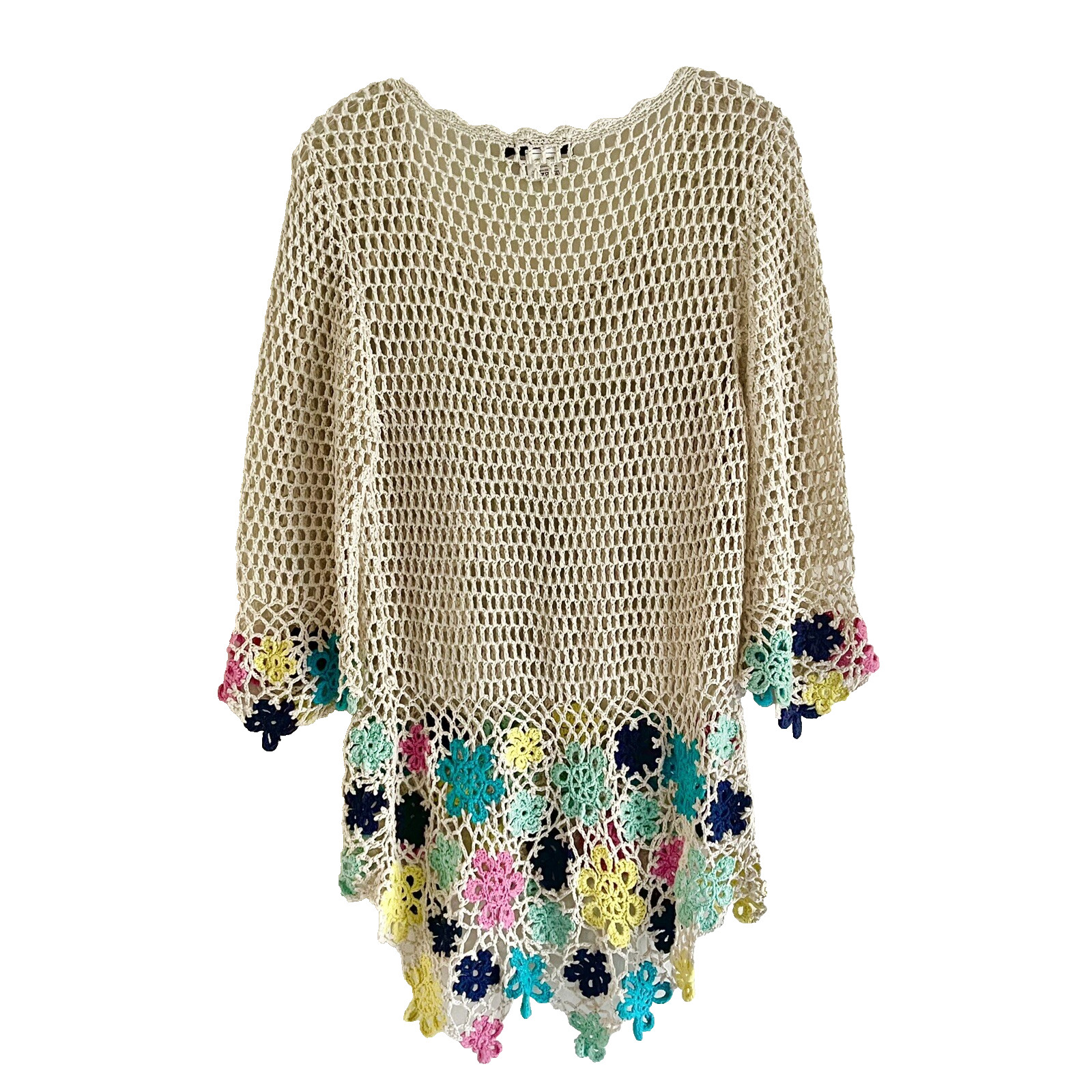 Longline Boho Crochet Top M Open Knit Cover Up Colorful Floral Hi Low Hem Tan