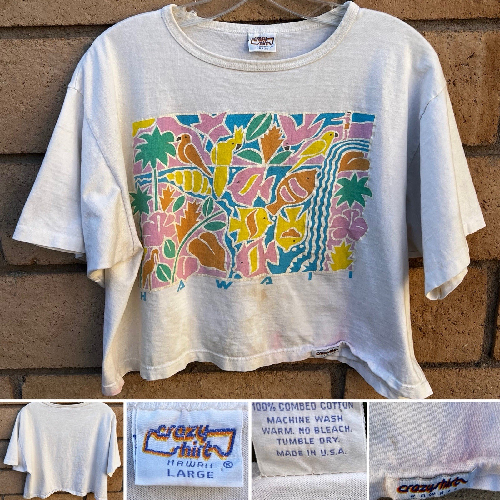Crazy Shirts Hawaii Tropical Graphic Crop T-Shirt Tee Large Made USA Vintage