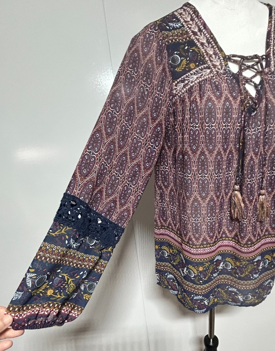 Knox Rose Top Womens Medium Purple Paisley Ruffle Lace Up Neck Tassel Sheer Boho
